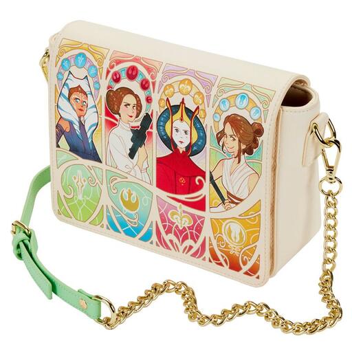 White crossbody bag with Ahsoka, Leia, Padme, and Rey with their symbols below them